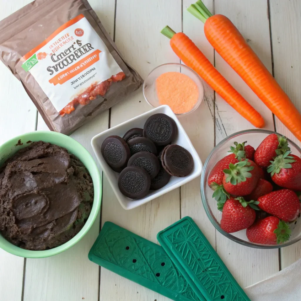 Ingredients for carrot patch brownies including brownies, Oreos, strawberries, and candy melts