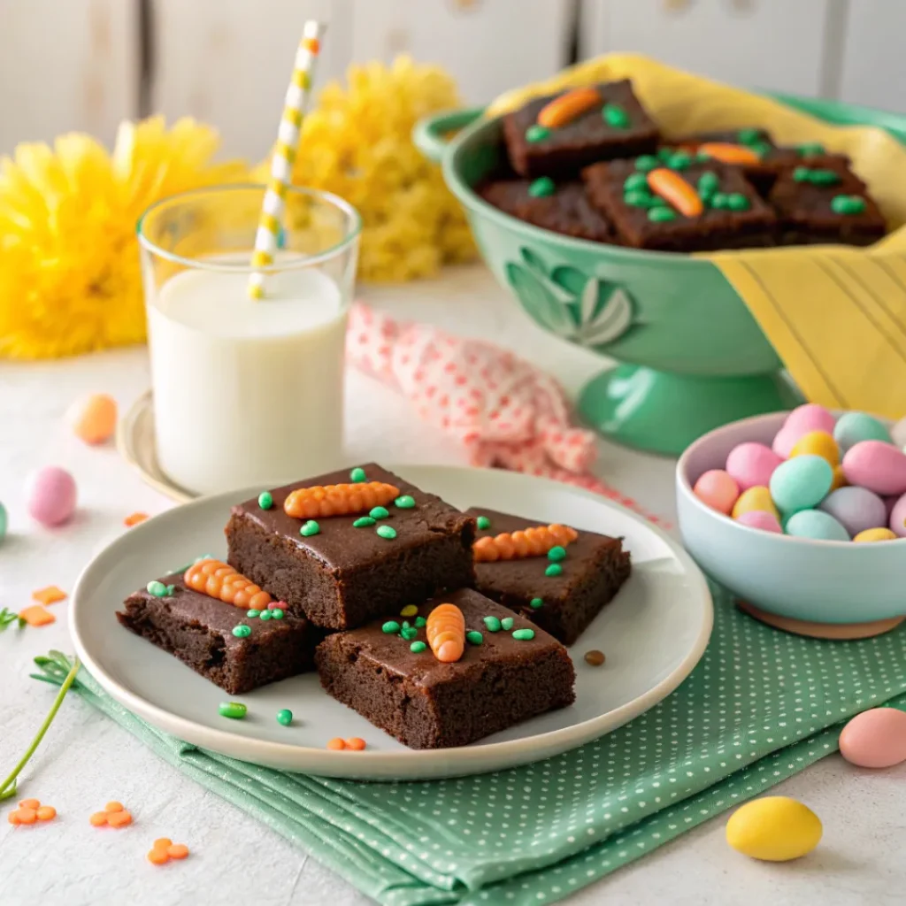 Carrot patch brownies served with milk and candies on a spring table