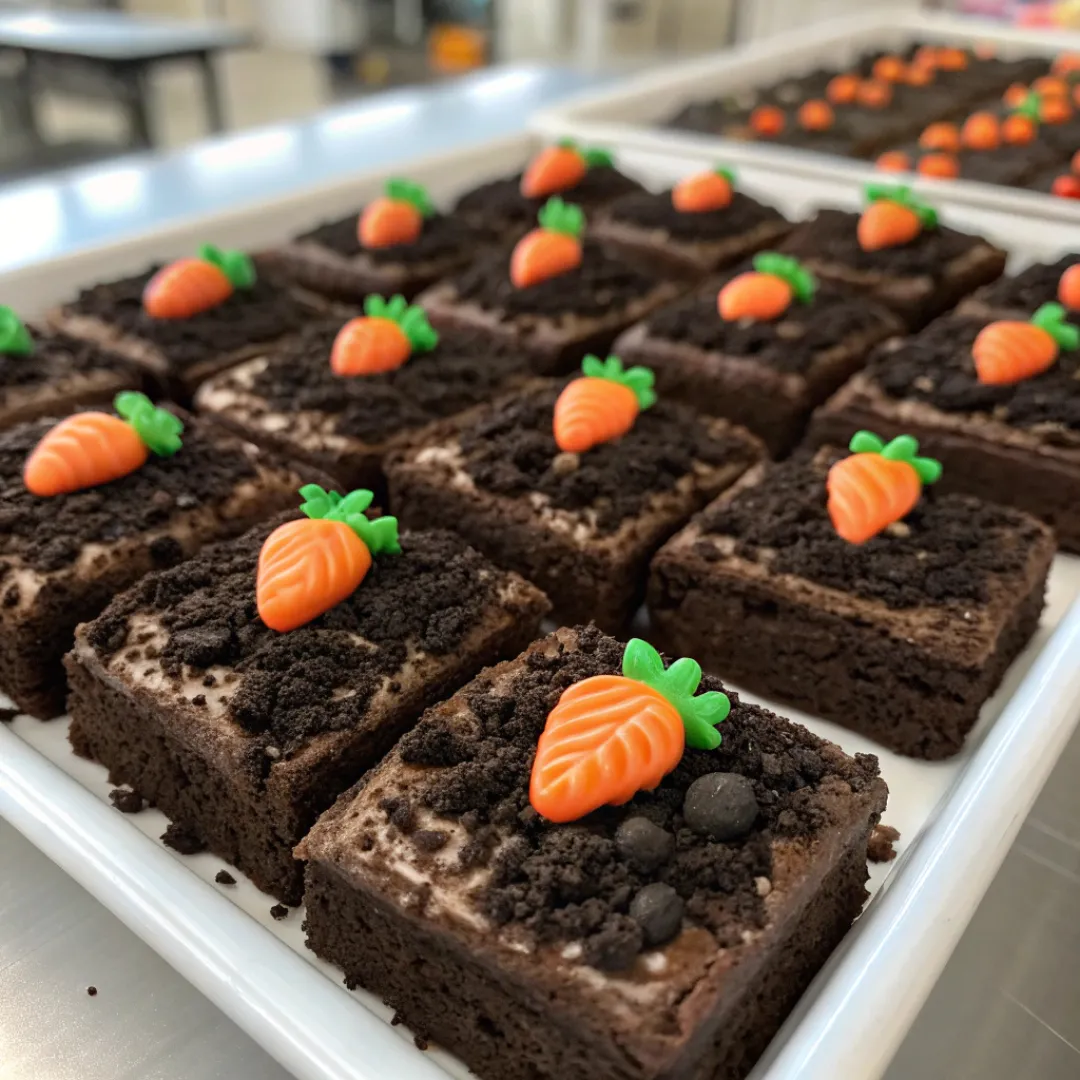 Carrot patch brownies topped with Oreo crumbs and strawberry ‘carrots’