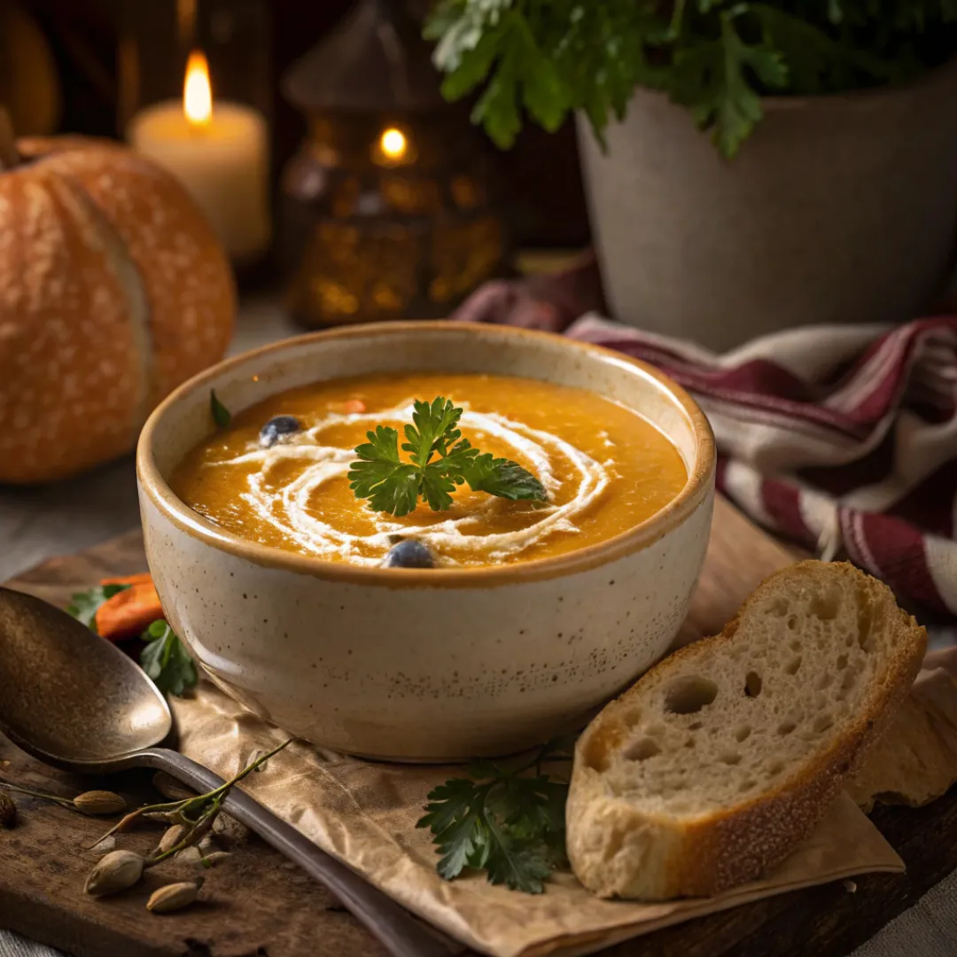 Carrot Soup – Creamy, Healthy & Easy Recipe 5 Creamy carrot soup in a bowl topped with cream and parsley.