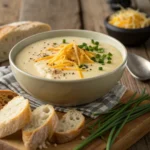 Easy Cauliflower Cheddar Soup – Family Favorite 9 Bowl of creamy cauliflower cheddar soup topped with chives and cheese