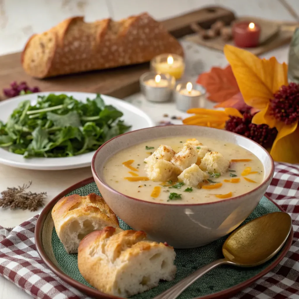 Easy Cauliflower Cheddar Soup – Family Favorite 8 Cauliflower cheddar soup with bread and salad