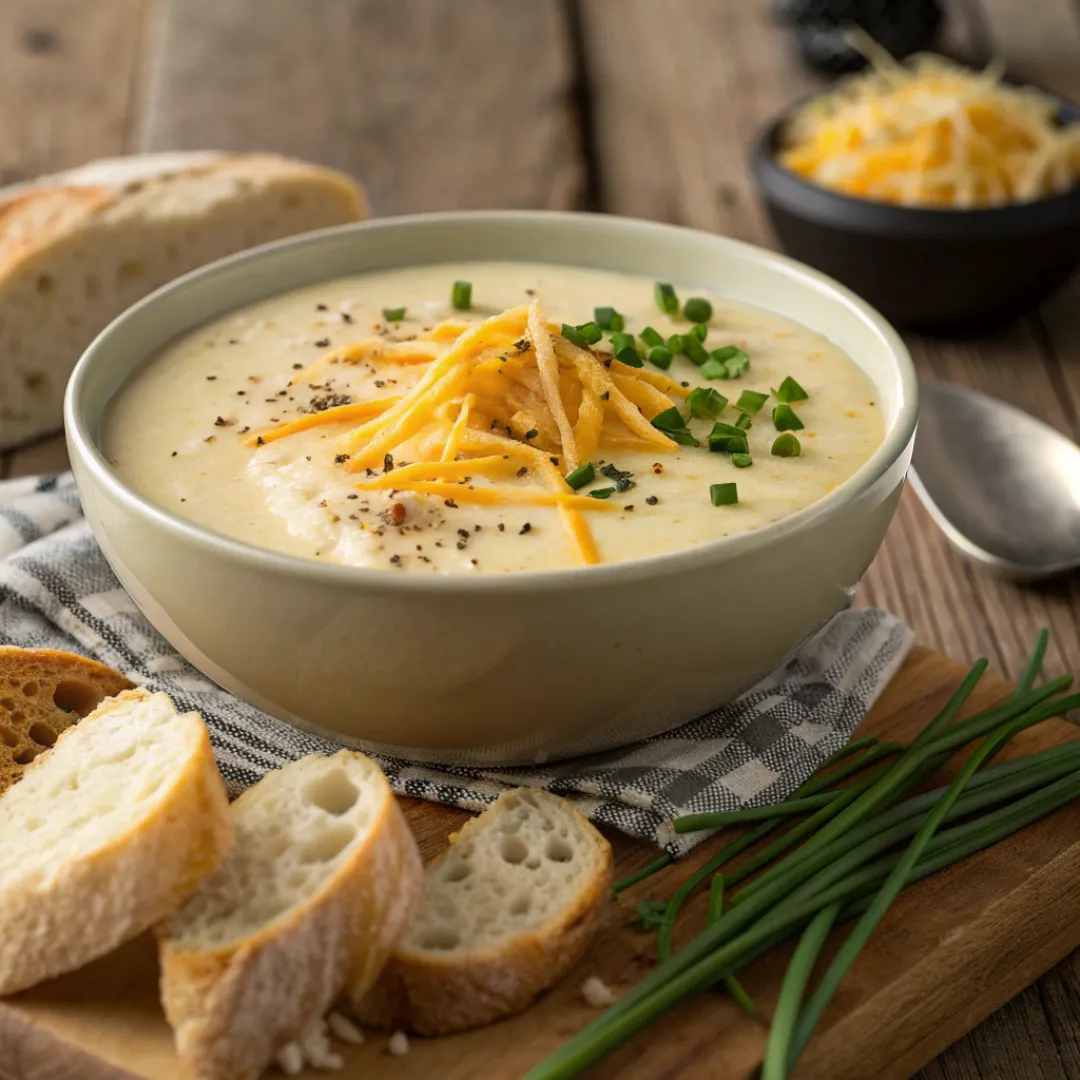 Easy Cauliflower Cheddar Soup – Family Favorite 5 Bowl of creamy cauliflower cheddar soup topped with chives and cheese