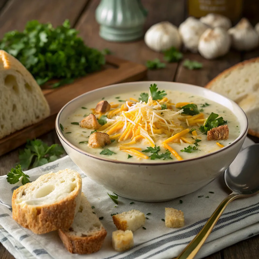 Creamy potato soup topped with cheddar, herbs, and croutons