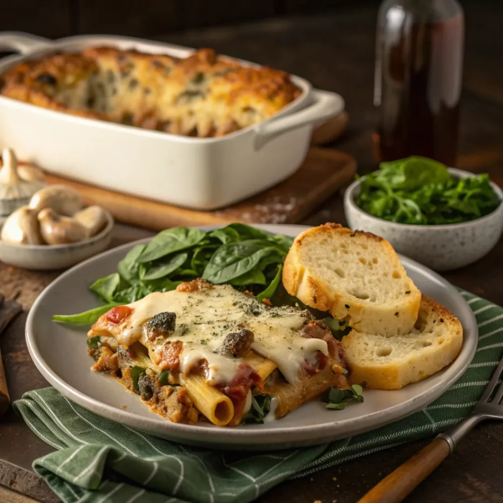 Cheesy Baked Ziti with Spinach and Mushrooms – Comfort Food Classic 8 Baked ziti served with garlic bread and salad
