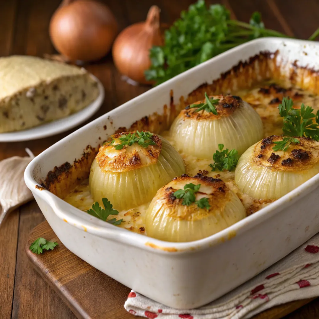 Golden baked cheesy Tennessee onions in a casserole dish