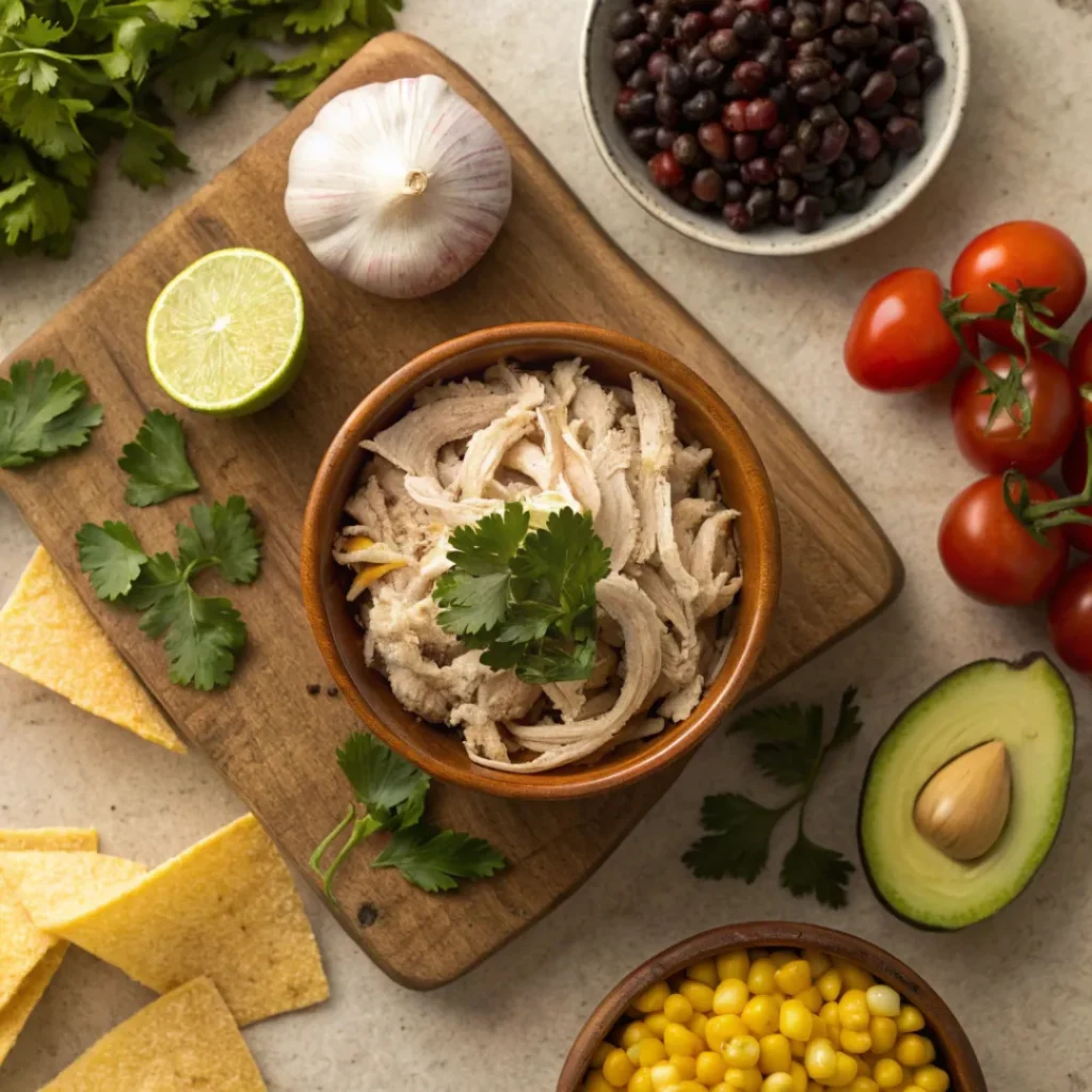 Chicken Tortilla Soup – Flavorful & Comforting 6 Ingredients for chicken tortilla soup including chicken, beans, tomatoes, and spices