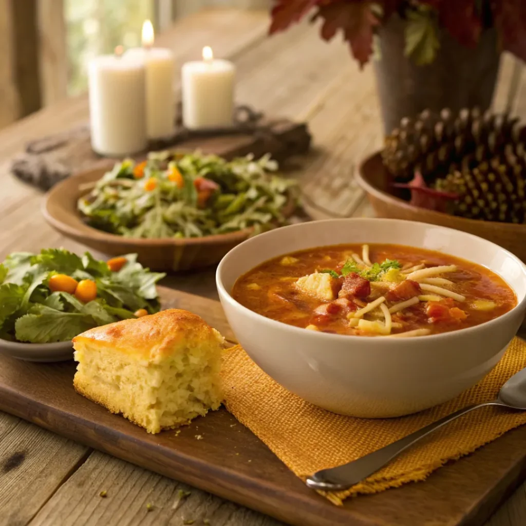 Chicken Tortilla Soup – Flavorful & Comforting 8 Chicken tortilla soup served with cornbread and lime wedges