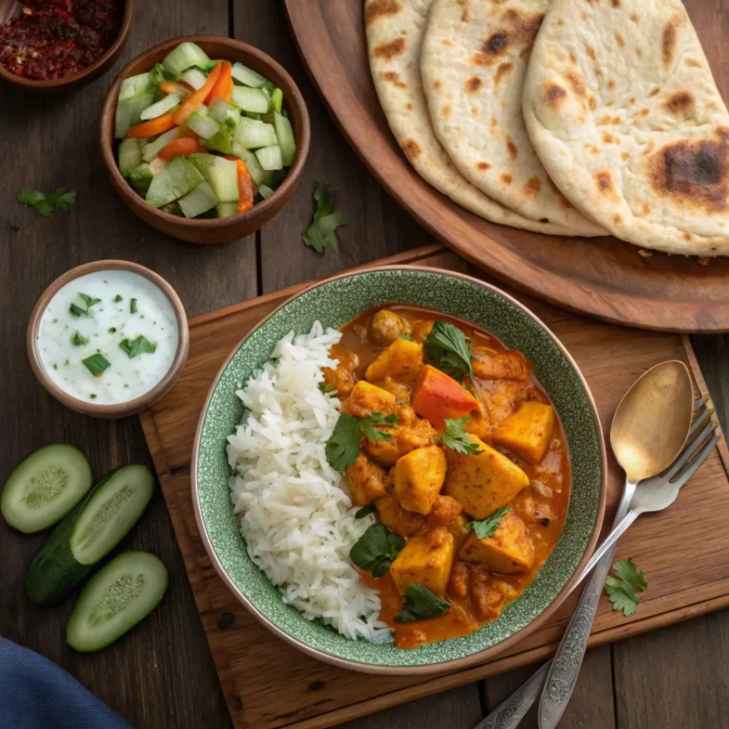 Curry served with rice, naan, and cucumber yogurt salad
