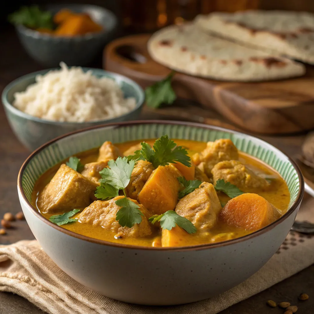Bowl of chicken and pumpkin curry with rice and naan