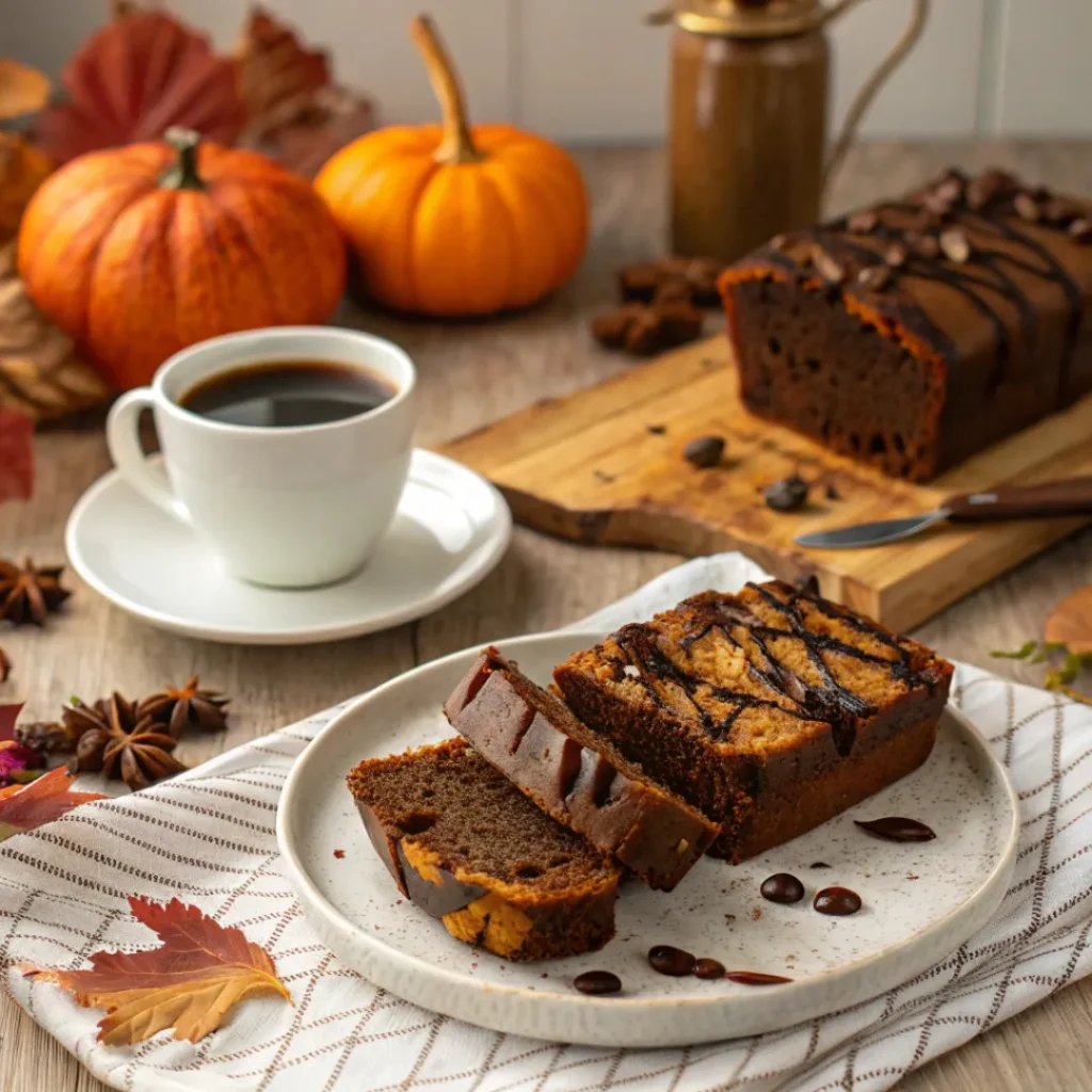 Moist Chocolate Pumpkin Bread – Rich Fall Loaf 8 Chocolate pumpkin bread slice with coffee and chocolate drizzle