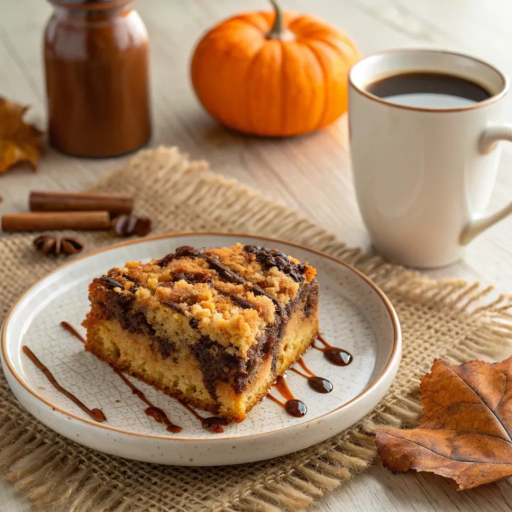 Soft Chocolate Pumpkin Crumb Cake 8 Slice of chocolate pumpkin crumb cake with coffee
