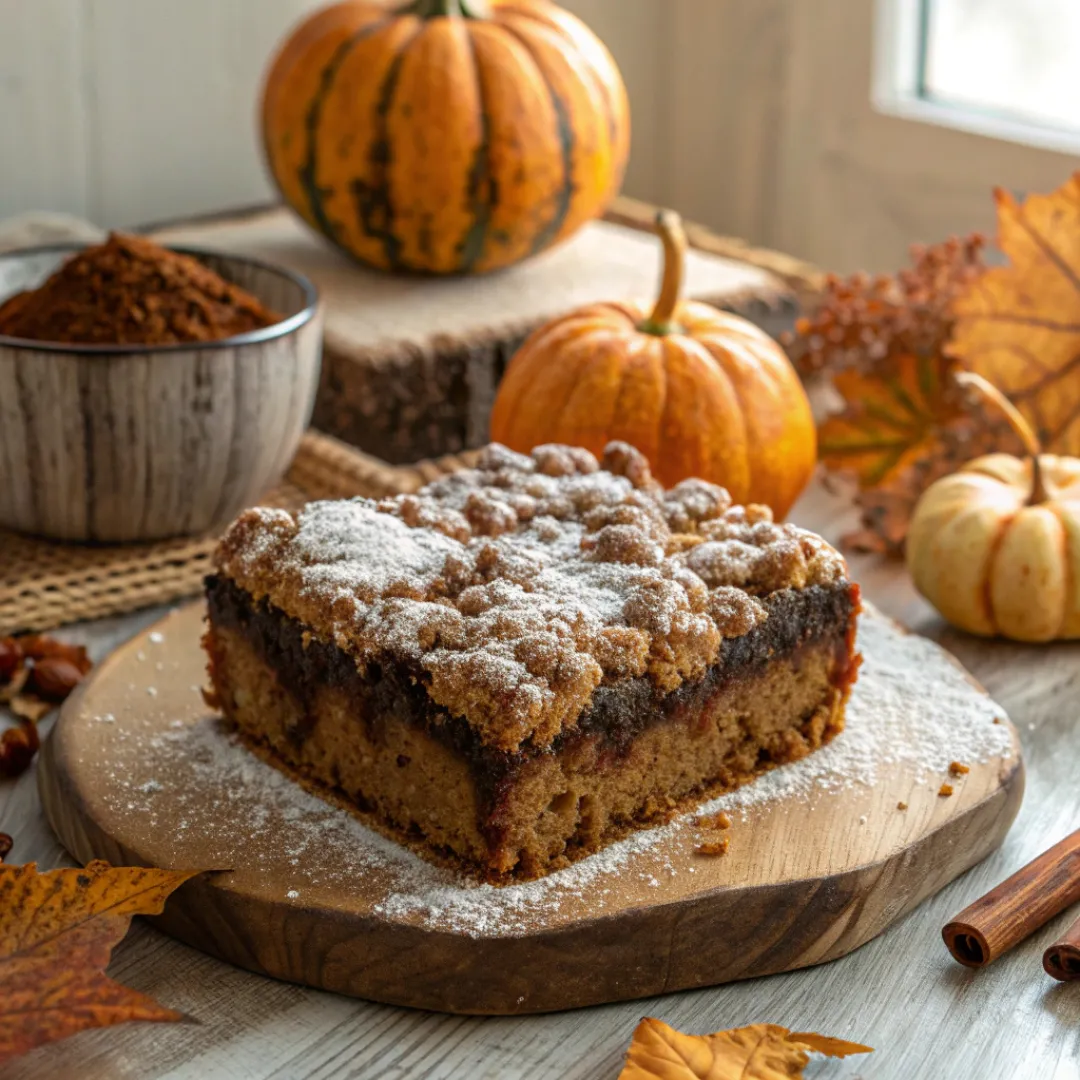 Chocolate pumpkin crumb cake with cinnamon streusel topping