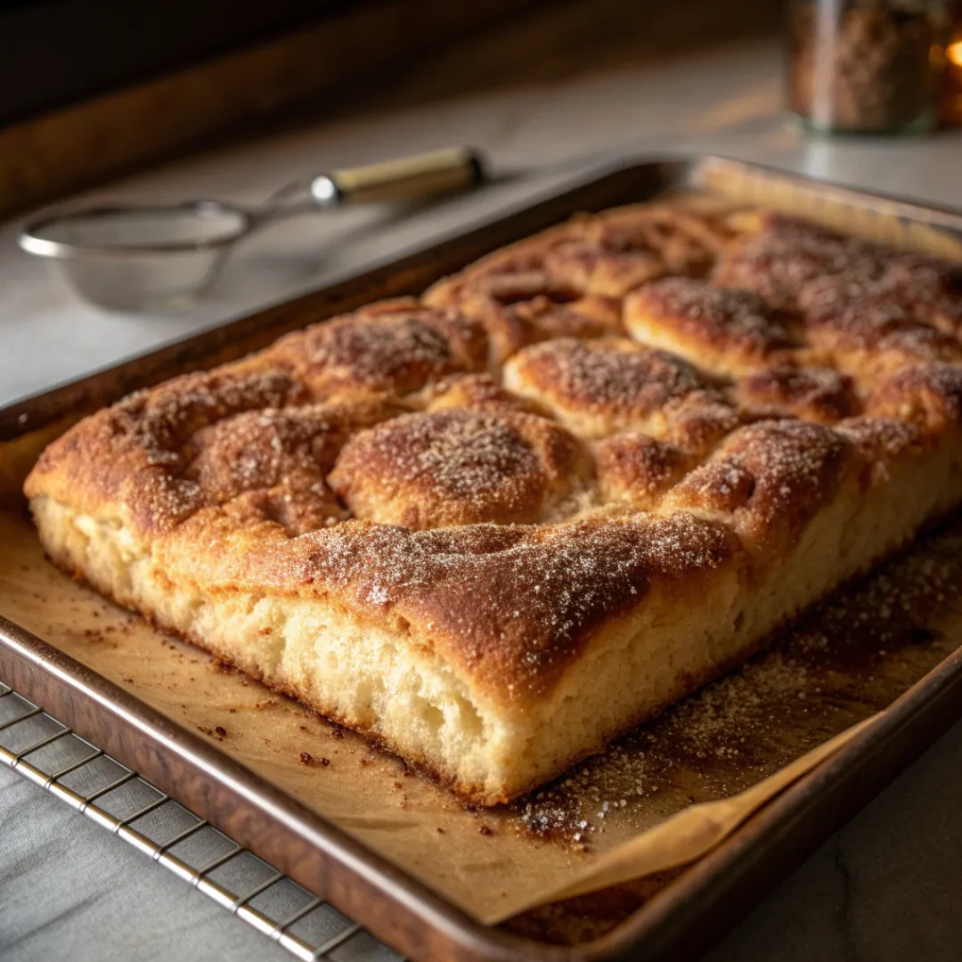 A close-up, low-angle shot of a freshly baked, golden-brown coffee cake in a metal baking pan, dusted with a cinnamon-sugar topping.