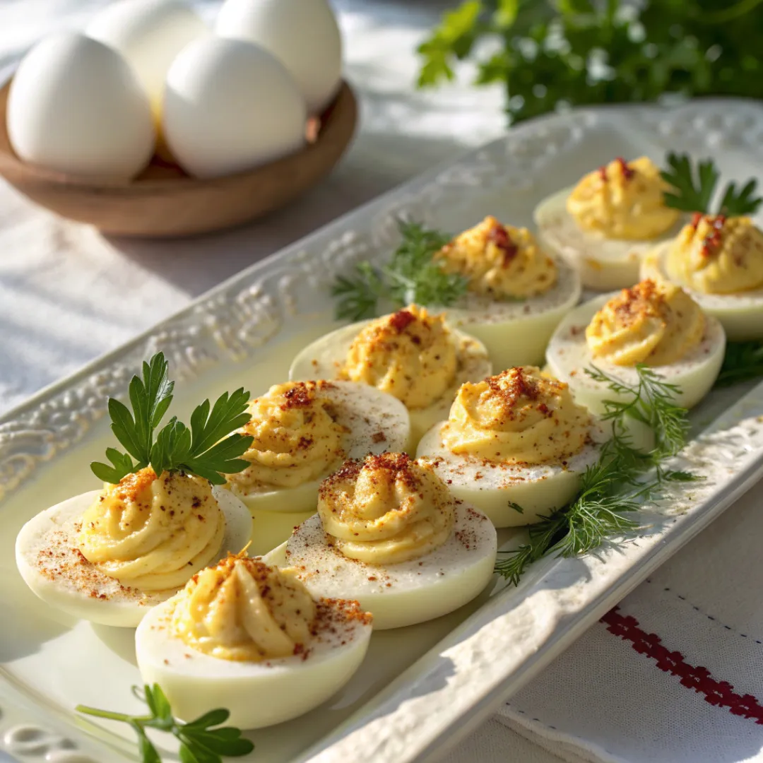 Deviled Eggs – Classic and Crowd-Pleasing Appetizer 5 Deviled eggs garnished with paprika and parsley on a serving tray