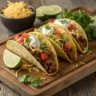 Beef tacos with lettuce, tomato, cheese, and sour cream in corn tortillas