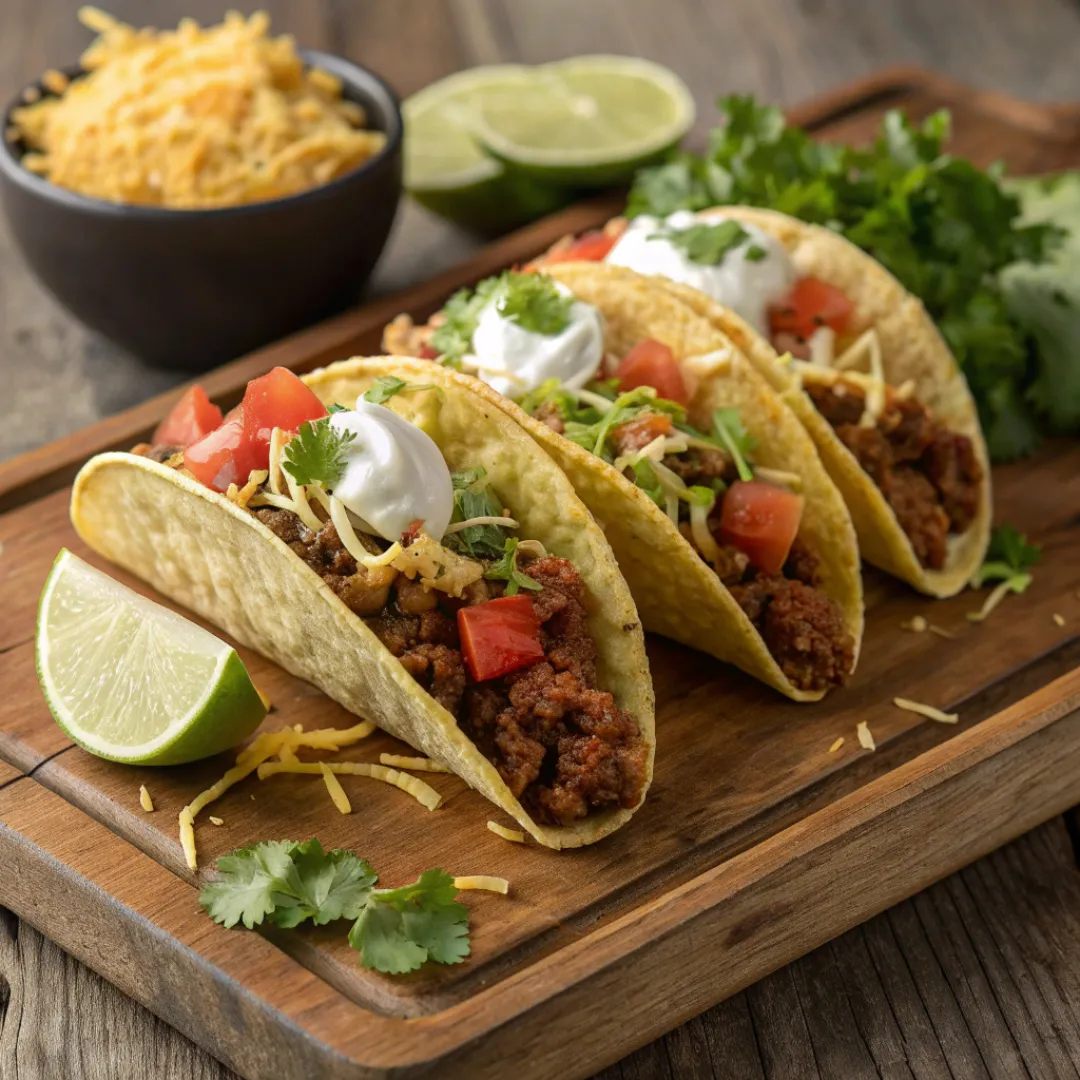 Flavorful Beef Tacos – Quick, Easy & Delicious Recipe 5 Beef tacos with lettuce, tomato, cheese, and sour cream in corn tortillas