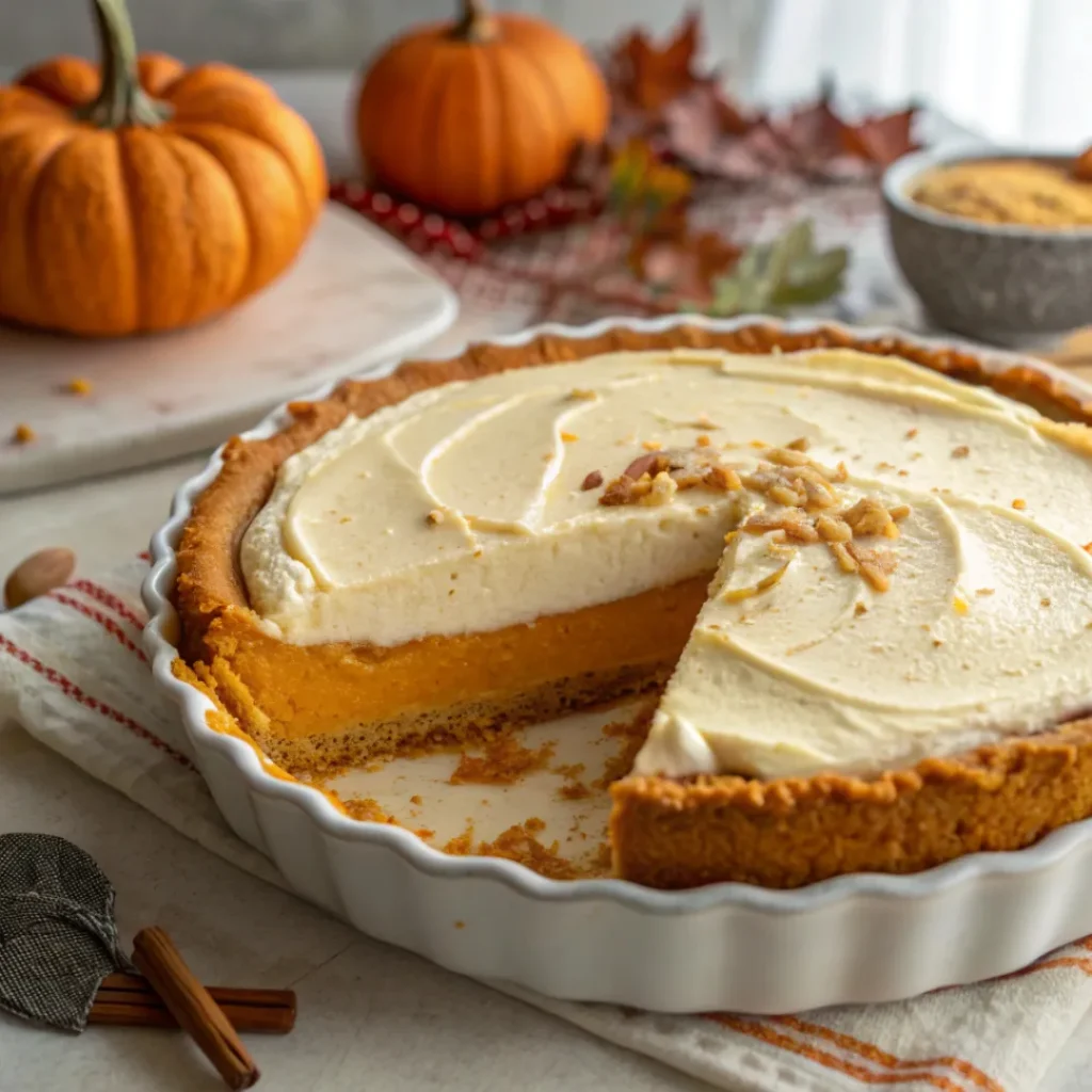 Pumpkin cream pie with golden crust in a pie dish on a fall-themed table
