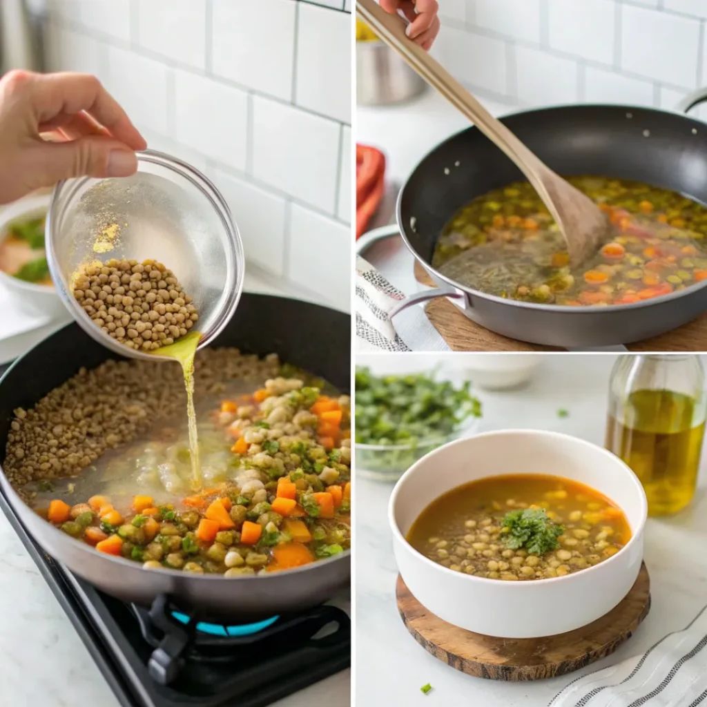 Classic Lentil Soup – Wholesome & Easy to Make 7 Step-by-step collage showing preparation, simmering, and serving lentil soup