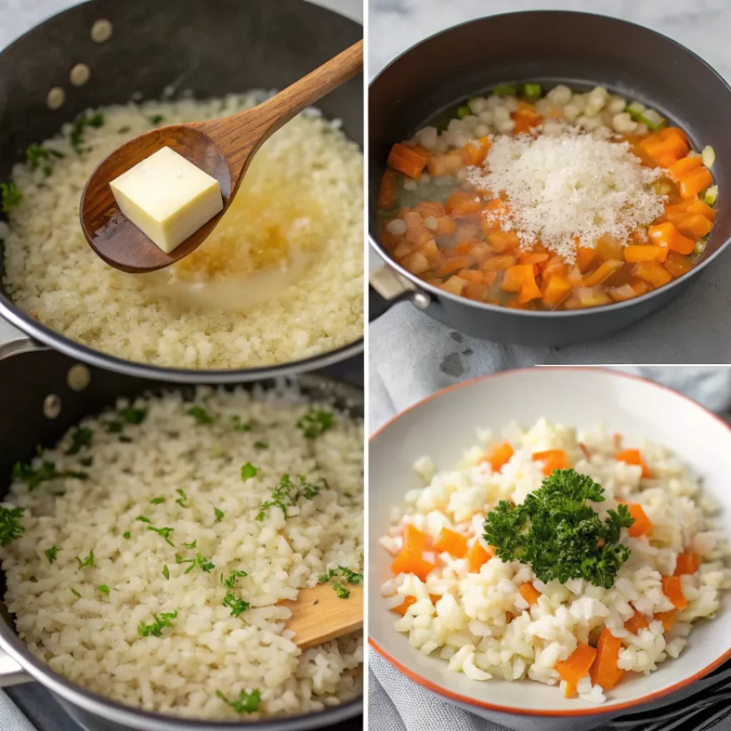 Rice Pilaf – Fluffy, Flavorful, and Easy to Make 7 Collage showing preparation and cooking stages of rice pilaf