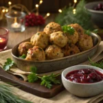 Golden baked cranberry turkey stuffing balls served with cranberry sauce