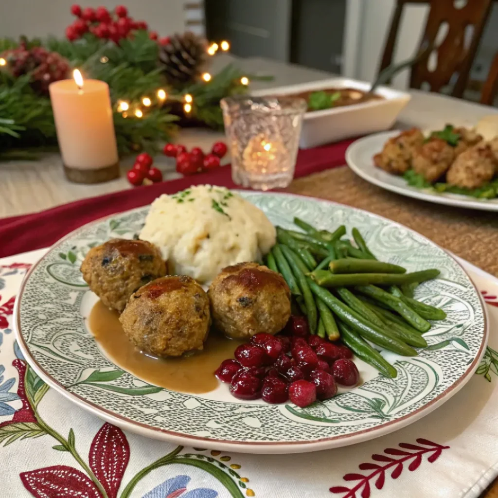 Cranberry turkey stuffing balls served with mashed potatoes and green beans