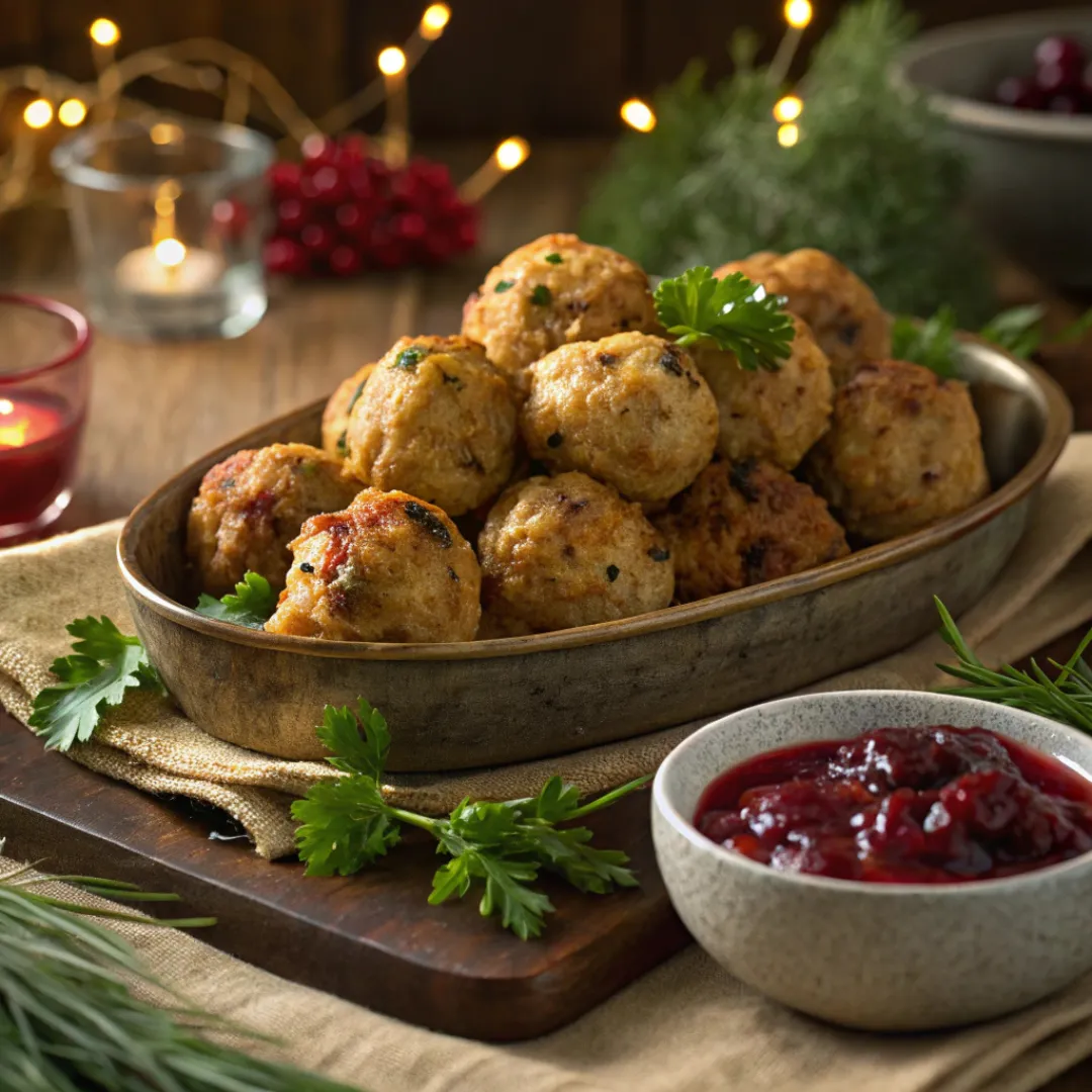 Golden baked cranberry turkey stuffing balls served with cranberry sauce