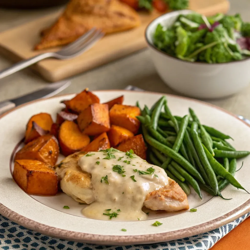 Baked Chicken with Sweet Potatoes – Easy Sheet Pan Recipe 8 Baked chicken and sweet potatoes served with salad and green beans