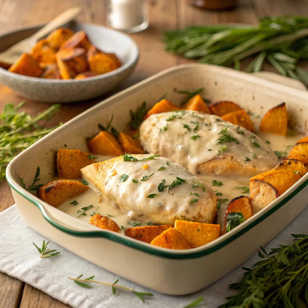 Baked Chicken with Sweet Potatoes – Easy Sheet Pan Recipe 5 Baked chicken and roasted sweet potatoes in creamy sauce