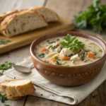 Creamy Chicken Wild Rice Soup – Flavorful Weeknight Meal 9 Creamy chicken and wild rice soup in a rustic bowl with parsley