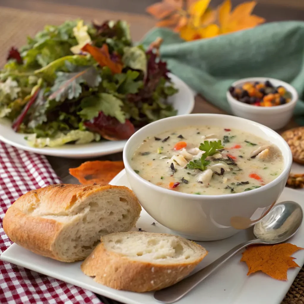 Creamy Chicken Wild Rice Soup – Flavorful Weeknight Meal 8 Soup served with bread and salad on a rustic table