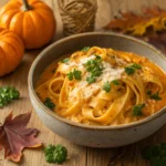 Creamy pumpkin pasta with Parmesan and parsley in a rustic bowl