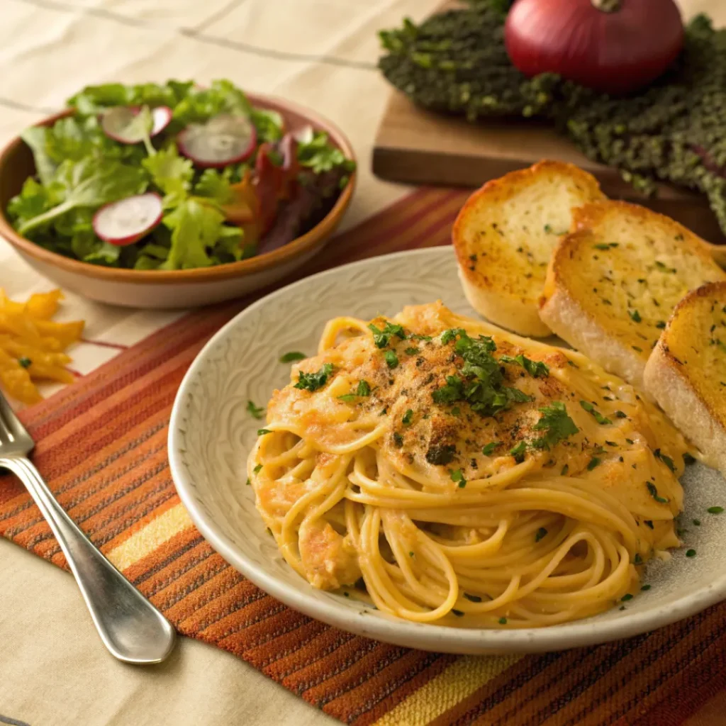 Pumpkin pasta served with garlic bread and side salad