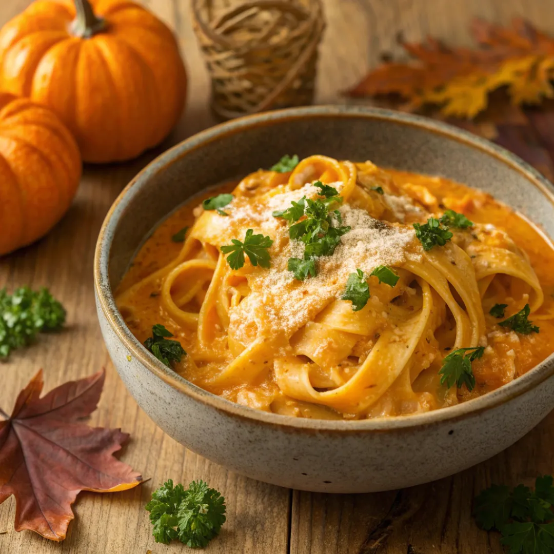 Creamy pumpkin pasta with Parmesan and parsley in a rustic bowl