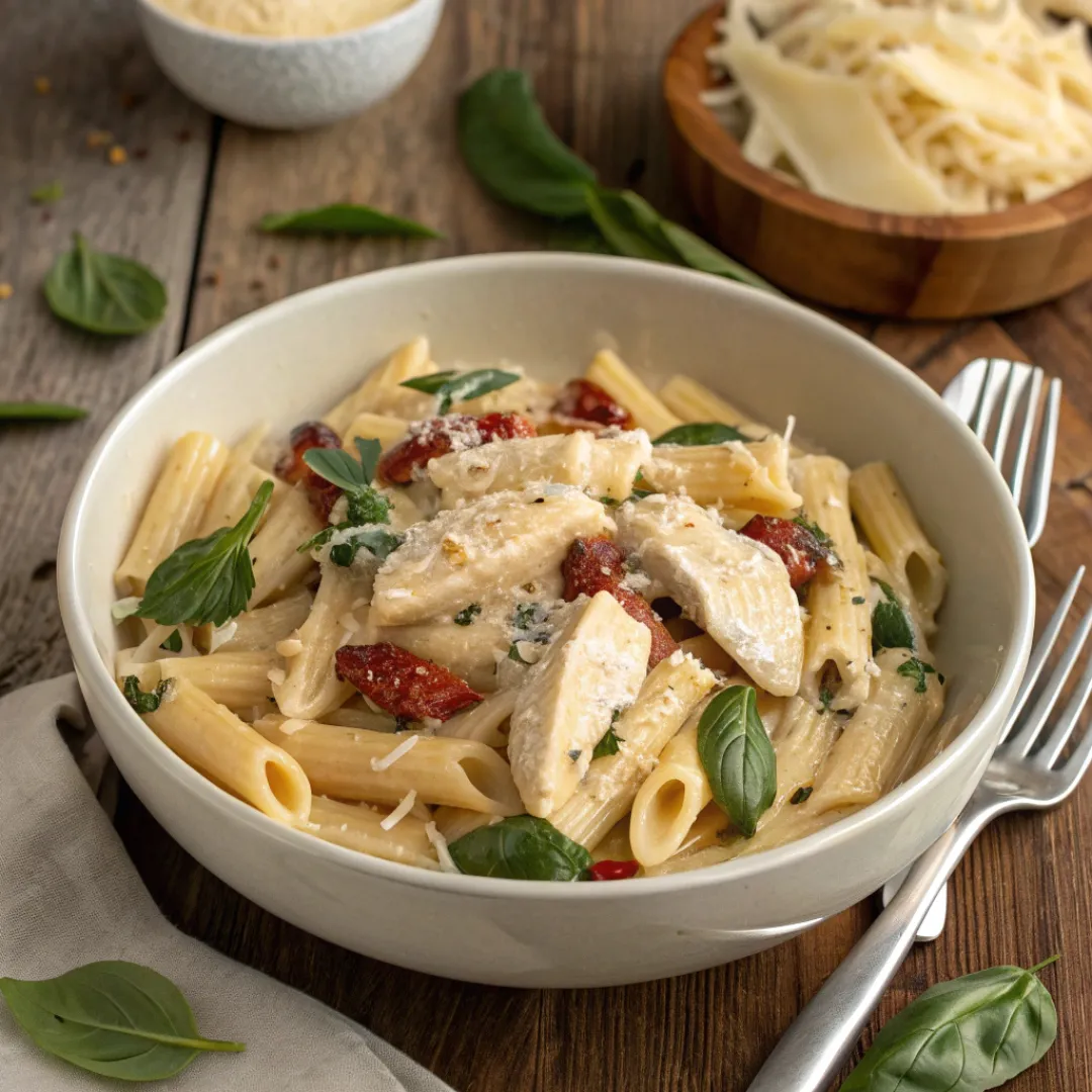 Creamy Tuscan chicken pasta with sun-dried tomatoes, spinach, and Parmesan served in a bowl