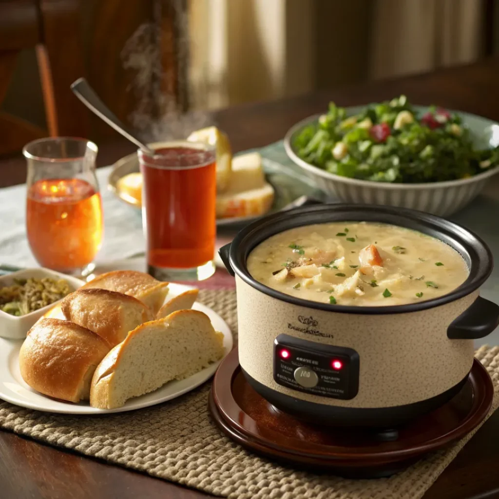 Crockpot Potato Soup – Creamy & Comforting 8 Creamy potato soup served alongside bread and salad