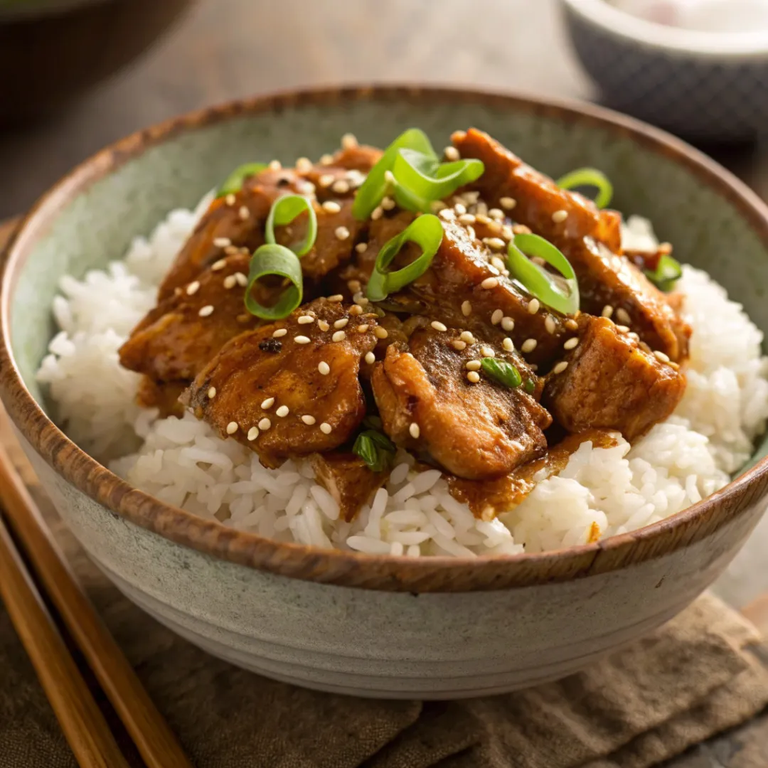 Teriyaki chicken served with rice, sesame seeds, and green onions