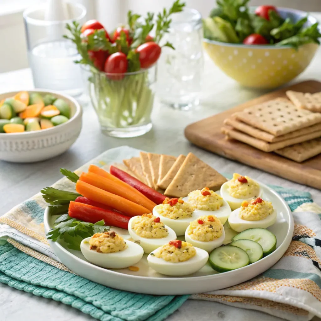 Deviled Eggs – Classic and Crowd-Pleasing Appetizer 8 Deviled eggs served with vegetables and crackers on a party platter
