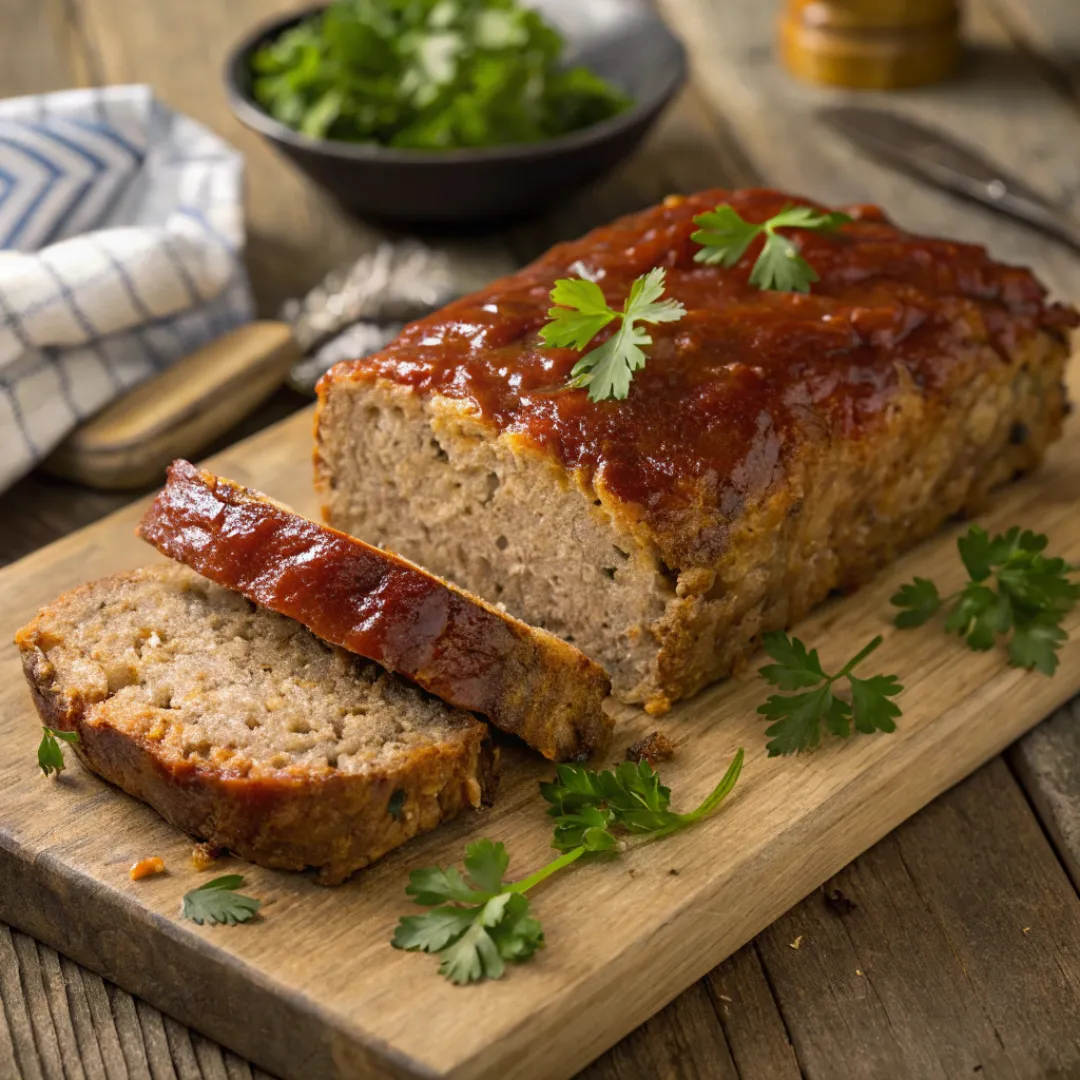 Sliced homemade meatloaf with ketchup glaze on top.