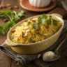 Rice pilaf served in a dish with parsley and almonds