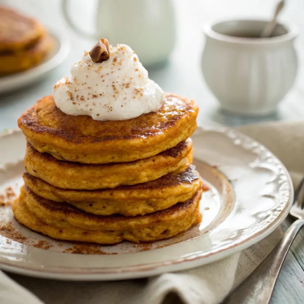 Stack of golden pumpkin cottage cheese pancakes on a plate with yogurt
