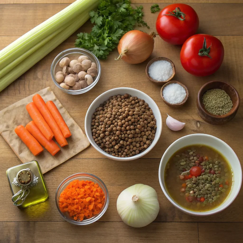 Classic Lentil Soup – Wholesome & Easy to Make 6 Overhead shot of dry lentils, vegetables, broth, and spices for making soup
