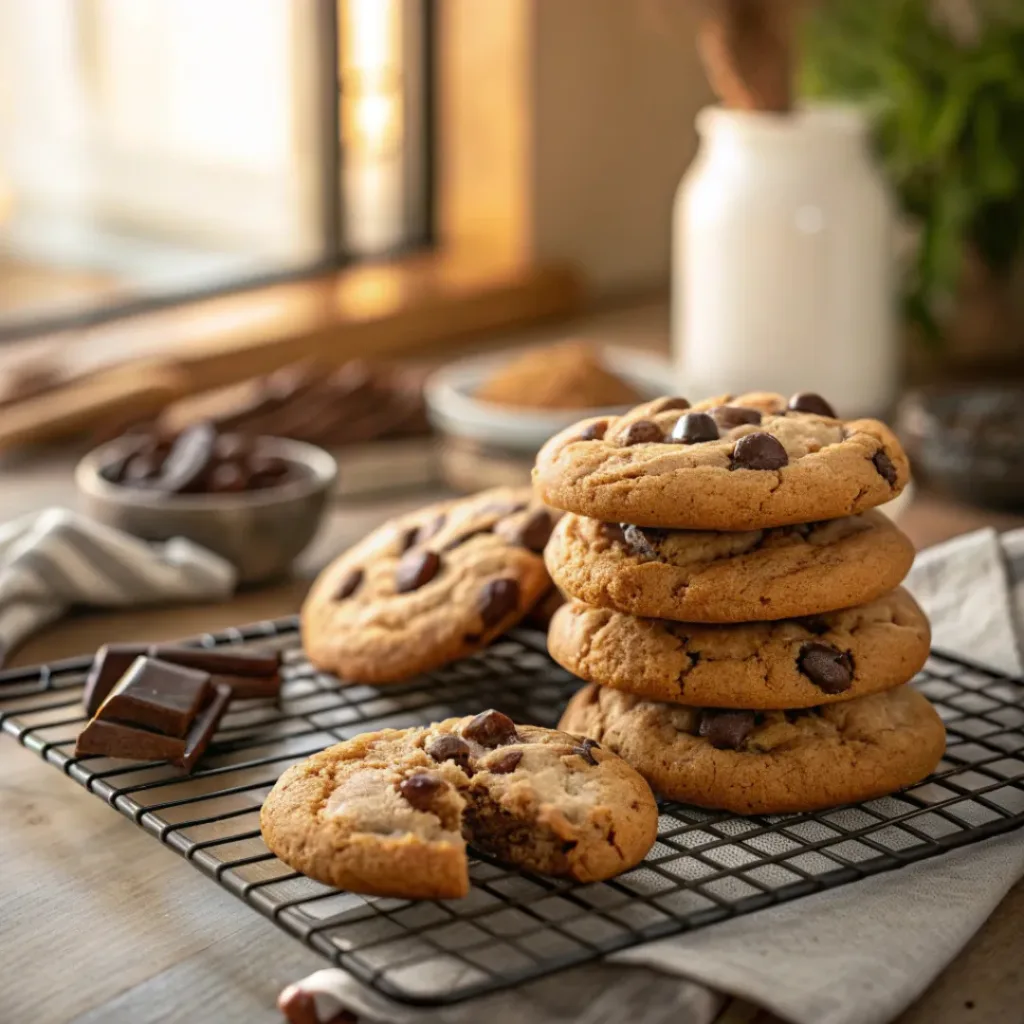 Freshly baked chocolate chip cookies on a rack