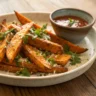 Crispy sweet potato wedges sprinkled with garlic, Parmesan, and parsley