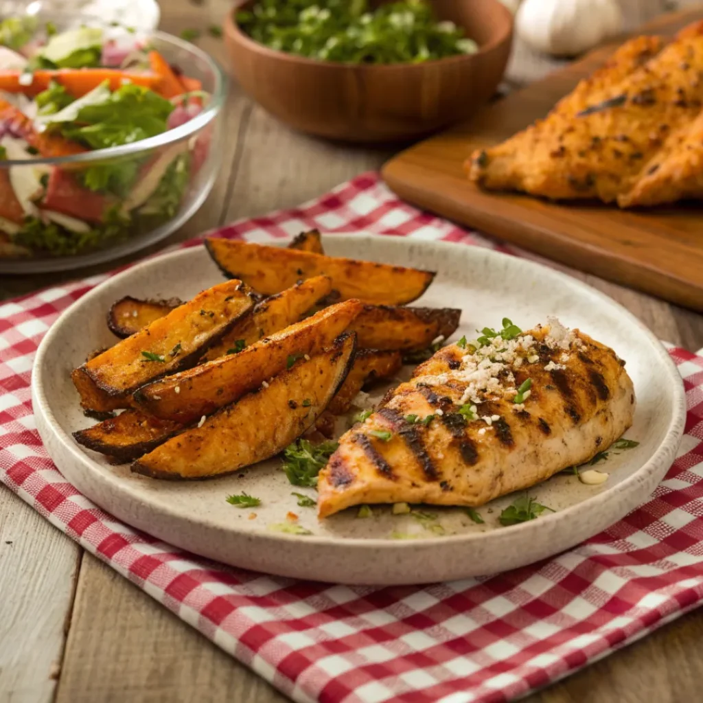 Garlic Parmesan Sweet Potato Wedges – Crispy & Flavorful 8 Sweet potato wedges served with grilled chicken and salad