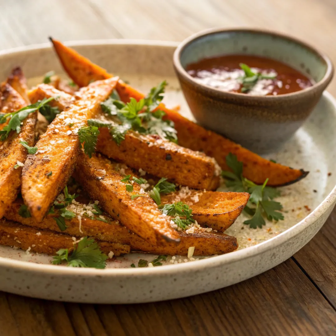 Garlic Parmesan Sweet Potato Wedges – Crispy & Flavorful 5 Crispy sweet potato wedges sprinkled with garlic, Parmesan, and parsley