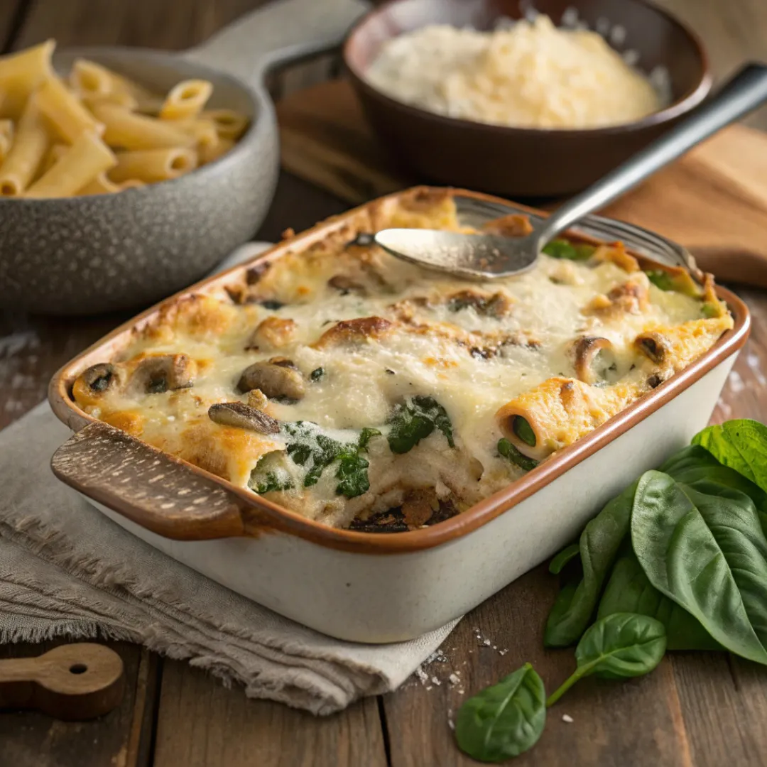 Golden cheesy baked ziti with spinach and mushrooms in a rustic baking dish