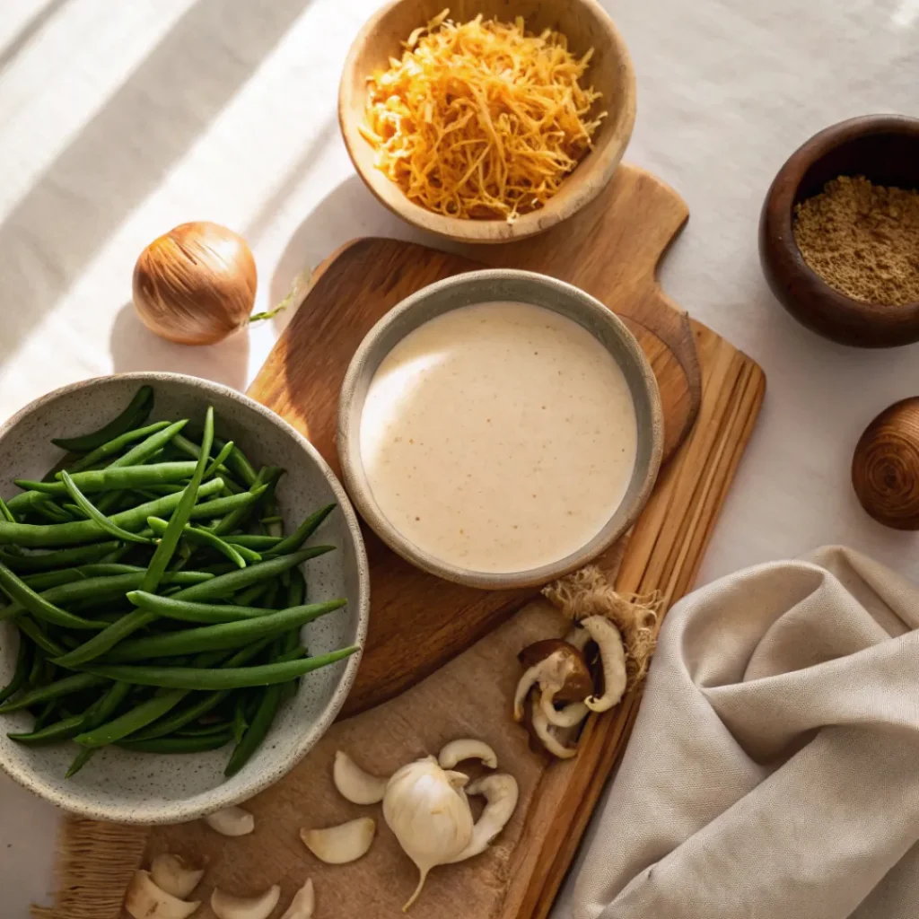 Green Bean Casserole – Easy Classic Side Dish 6 Ingredients for green bean casserole including green beans, cream of mushroom soup, and fried onions