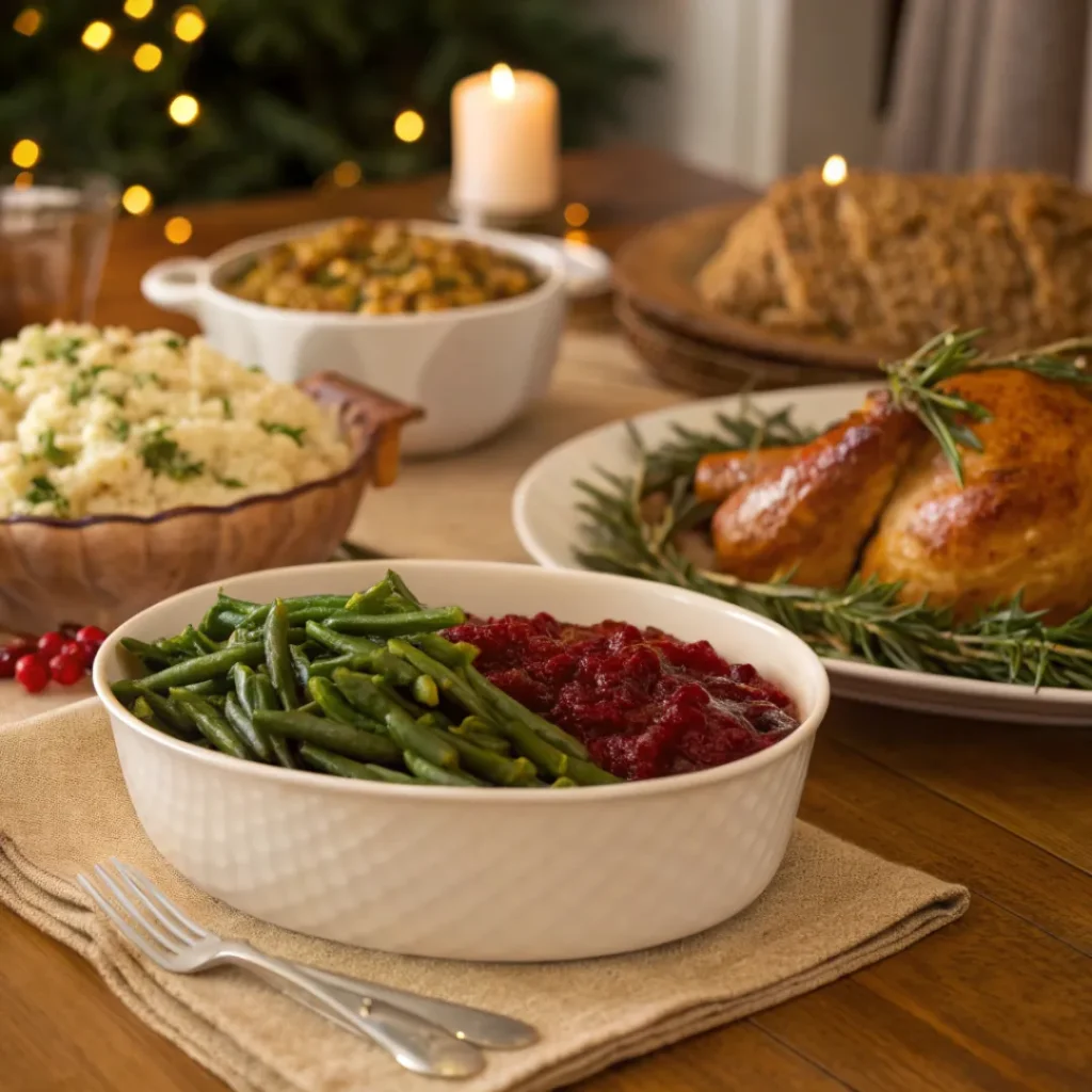 Green Bean Casserole – Easy Classic Side Dish 8 Green bean casserole served with roast chicken, mashed potatoes, and cranberry sauce