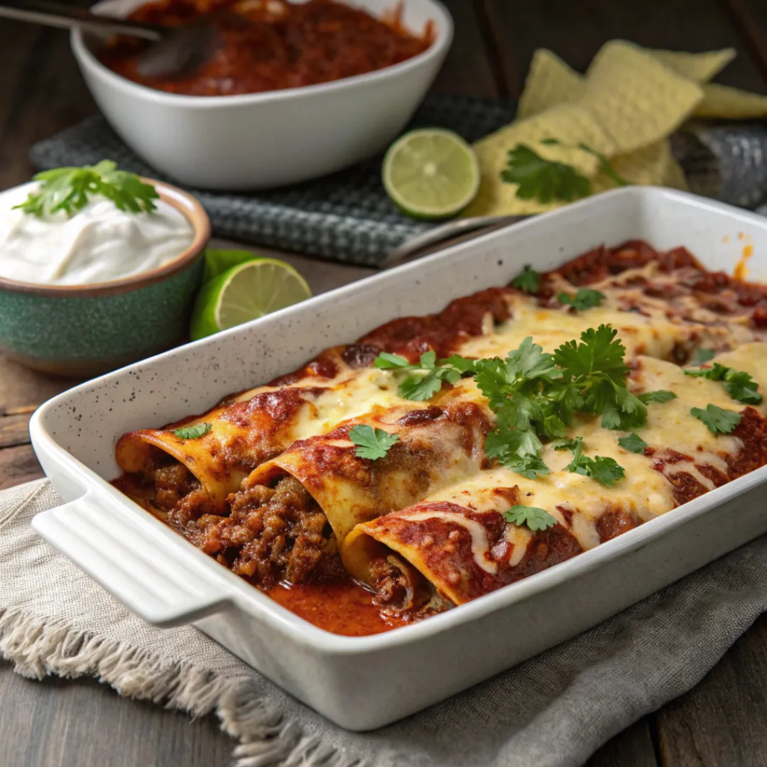 Ground Beef Enchilada – Easy & Flavor-Packed Weeknight Dinner 5 Ground beef enchiladas topped with cheese and sauce in a casserole dish